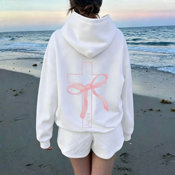 Christian Hoodies for Women Pink Cross Bow Print Sweatshirt Oversized Long Sleeve Faith Graphic Hooded Pullover Top