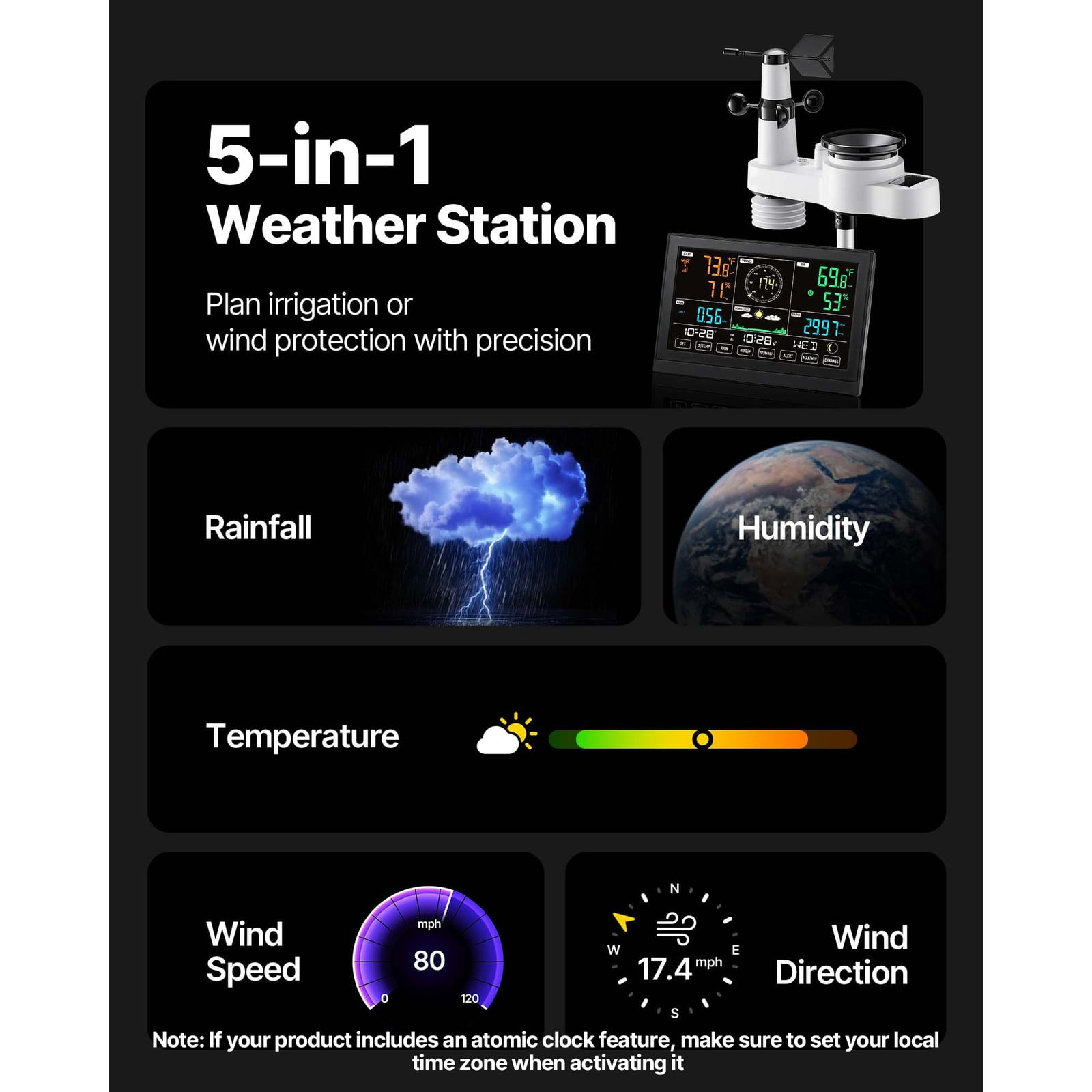 Uimoso 5-in-1 Wireless Weather Station 7.5'' Display and Indoor-Outdoor Sensor