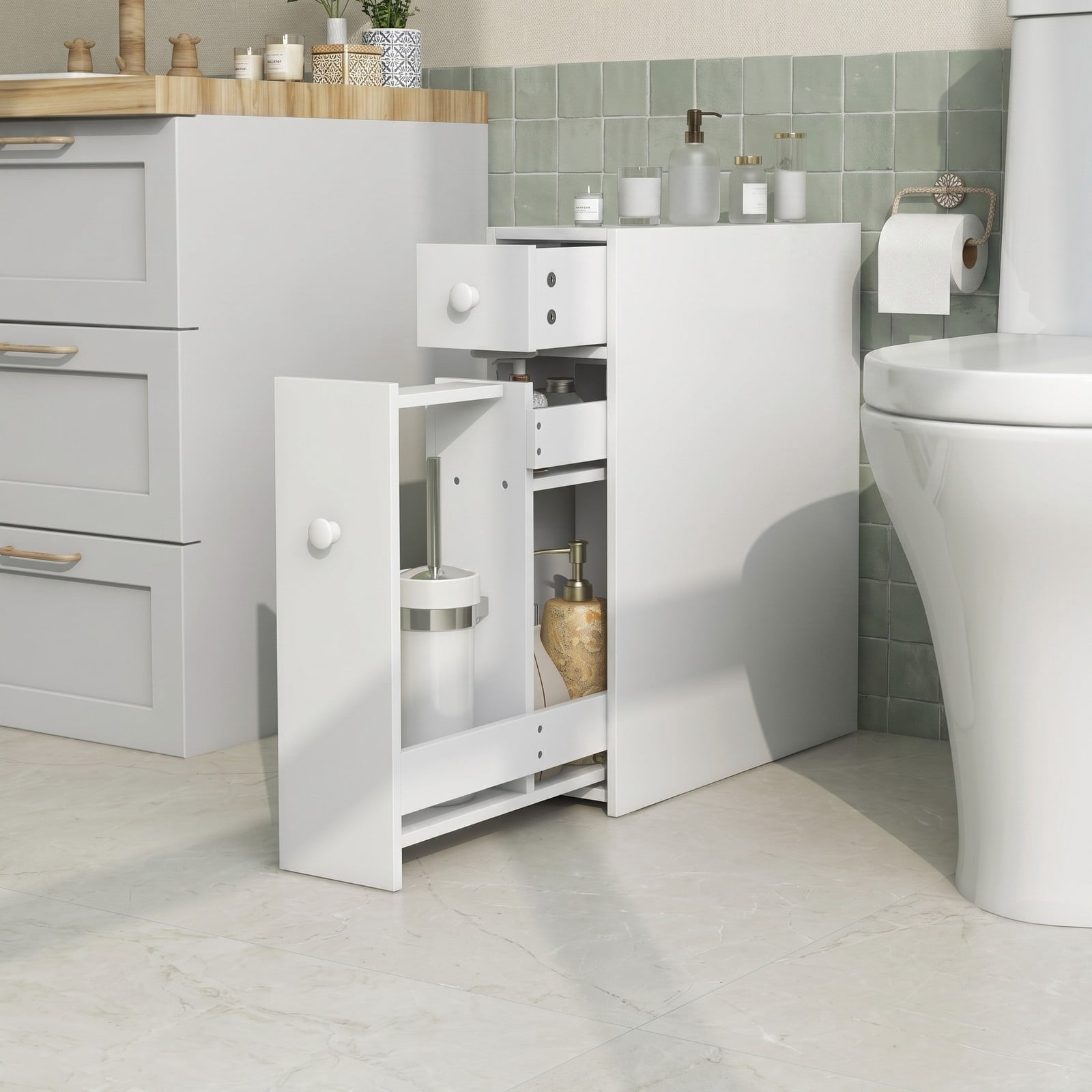 Fenbeli Slim Bathroom Floor Cabinet, Freestanding Slide-Out Space Saver Storage Organizer with Door, Narrow MDF Side Cabinet for Bathroom Living Room Kitchen, White