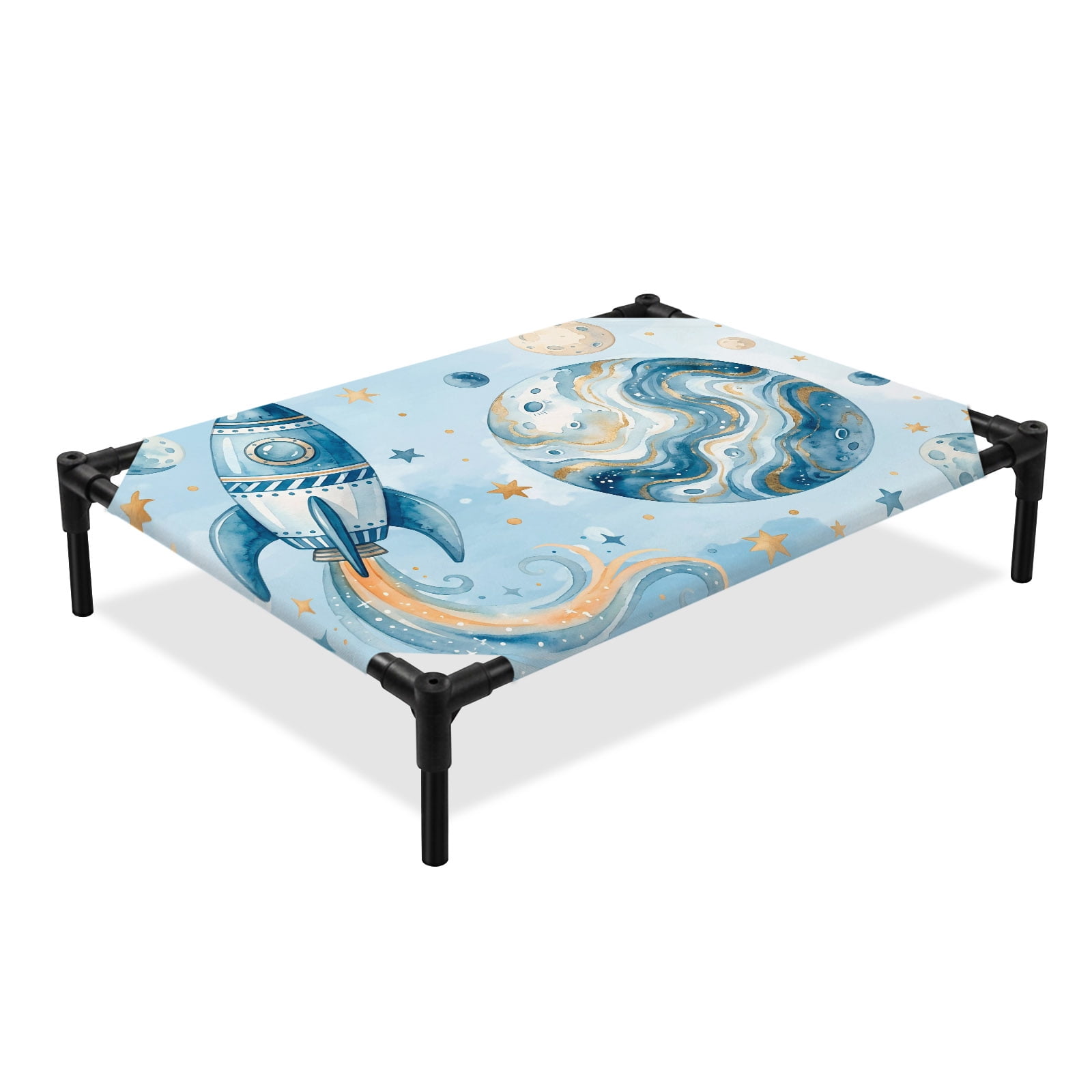 Rocket Planets Elevated Dog Bed Abstract Cartoon Star Planet Rocket Gradient Blue Cooling Breathable Outdoor Raised Dog Cot Bed with Metal Frame Non-Slip Feet for Large Dog 28x22in