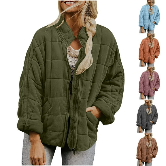 Women's Quilted Jackets Causal Long Sleeve Lightweight Puffer Jacket Oversized Zip Up Padded Coat Warm Winter Outerwear with Pockets
