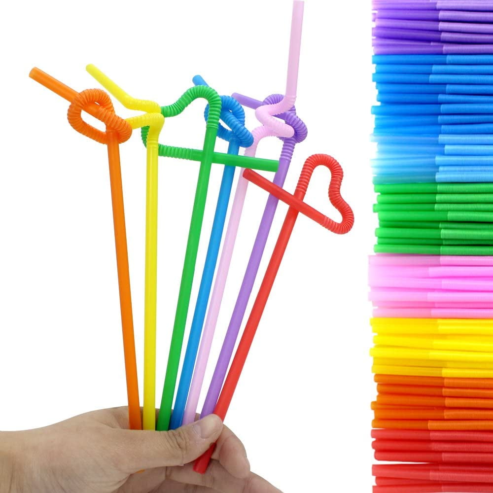 [100 Pack] Flexible Disposable Plastic Drinking Straws Assorted