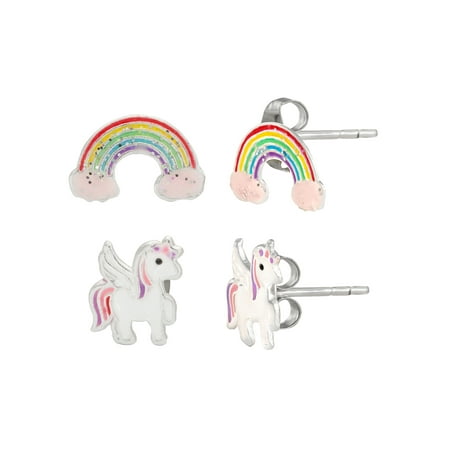 Brilliance Fine Jewelry Girl’s Sterling Silver Rainbow and Unicorn Stud Earring Set