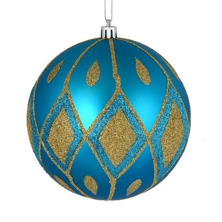 Christmas Bulb Pattern Vickerman N188212D 6 in. Turquoise Matte Ball Ornament with Glitter Diamond Pattern 3 per Bag ()