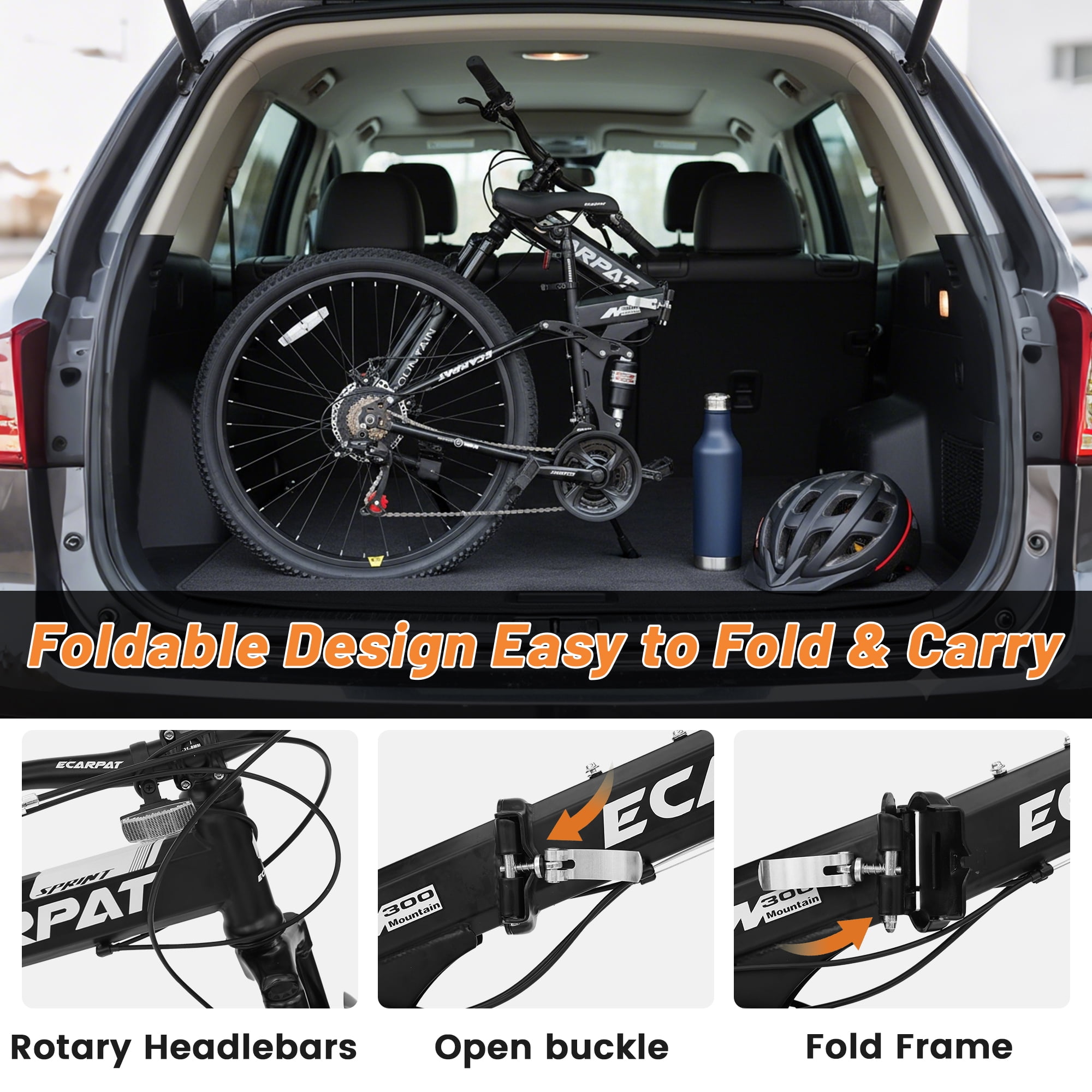 Ecarpat 26 Inch Folding Mountain Bike, 21 Speed Full Suspension Bicycle Dual Disc Brake, Durable Steel Fold Bike for Women and Man