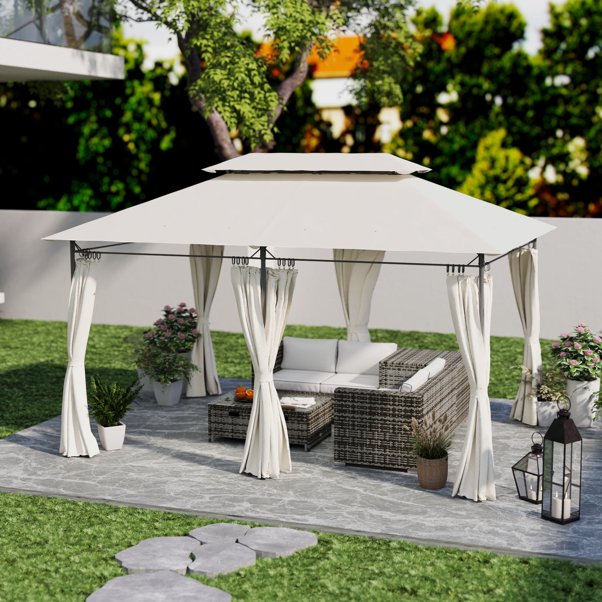 Outsunny 10' x 13' Patio Gazebo, Double Roof Outdoor Gazebo with Curtains and Metal Frame for Garden, Lawn, Backyard and Deck, Cream White