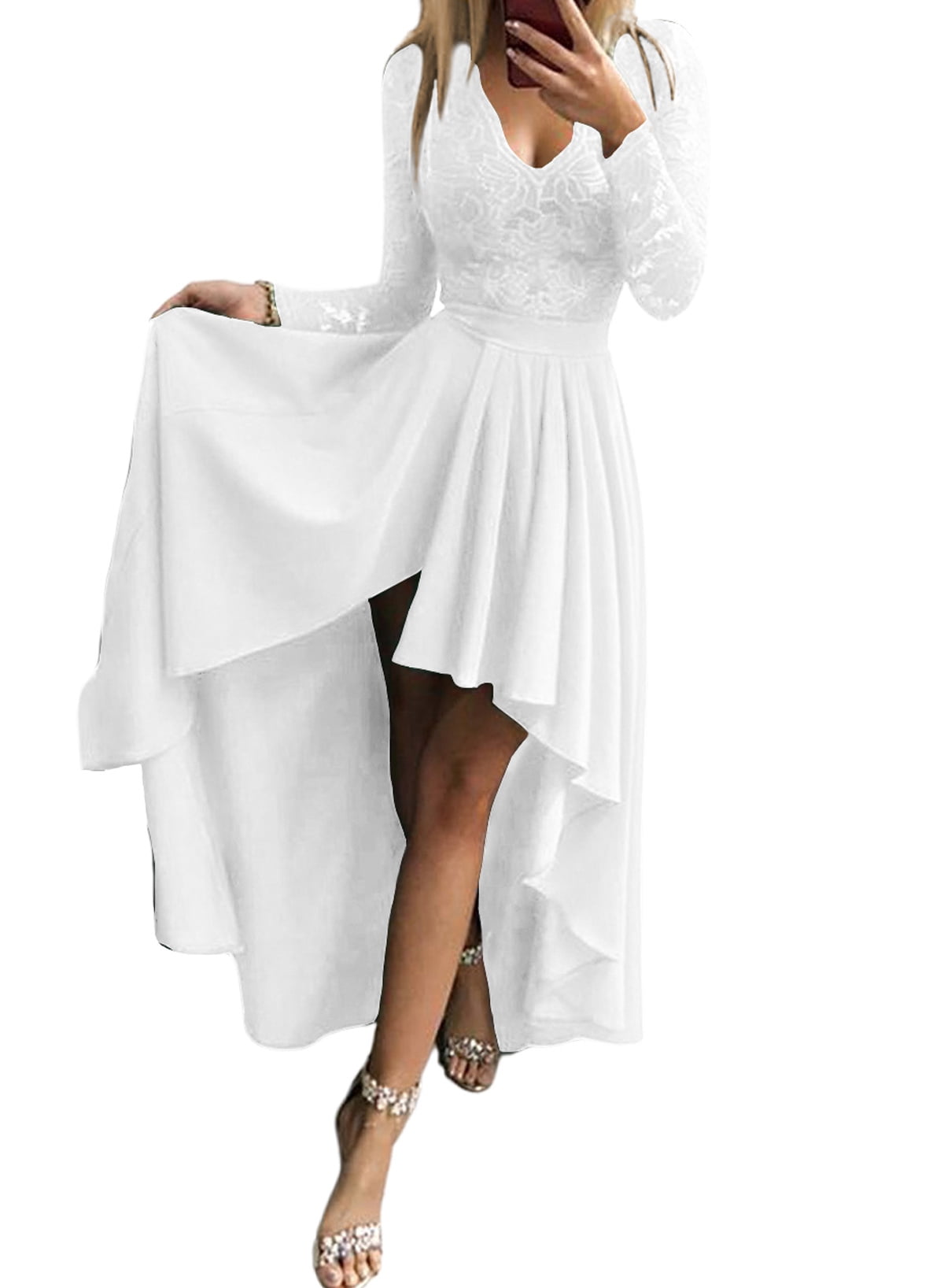 Asvivid Women's Cocktail Party Dress V Neck Lace Hi Low Long Sleeve
