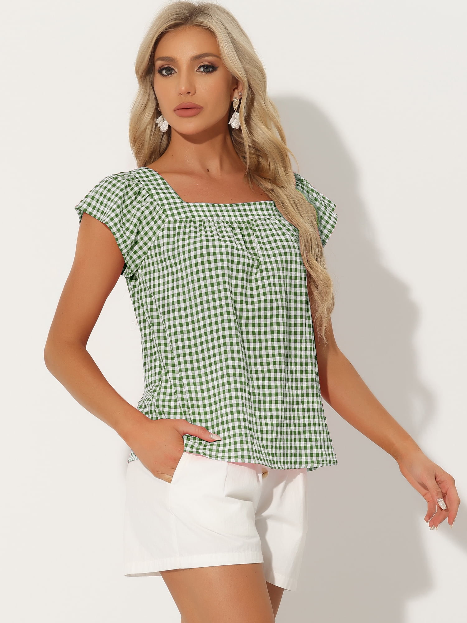 DARING DIVA Women's Summer Square Neck Gingham Cap Sleeves Blouses XL Green White