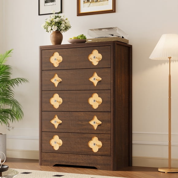 Boho 5 Drawer Tall Dresser - 45'' Rattan Wooden Storage Cabinet with Decorative Drawer Front - Clothes Organizer for Bedroom, Living Room, Hallway - Brown Red, 5-Drawer