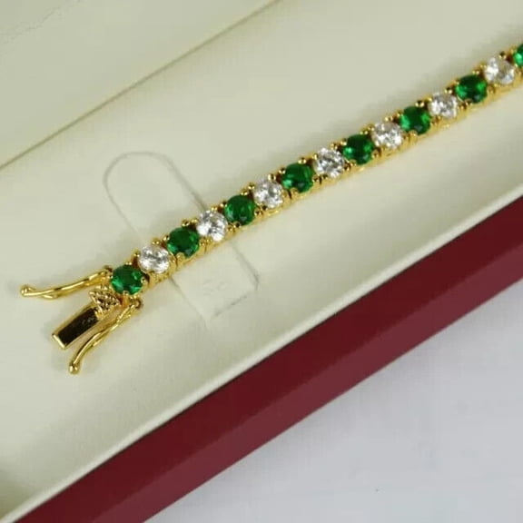 3MM 9ct Round Cut Lab Created Green Emerald Diamond Women's Valentine Tennis Bracelet 14K Yellow Gold Plated Silver 7"