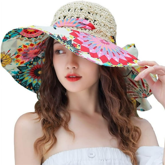 Kiibsot Summer Anti-UV Wide Brim Holiday Beach Hats Women Flower Floppy Foldable Cap
