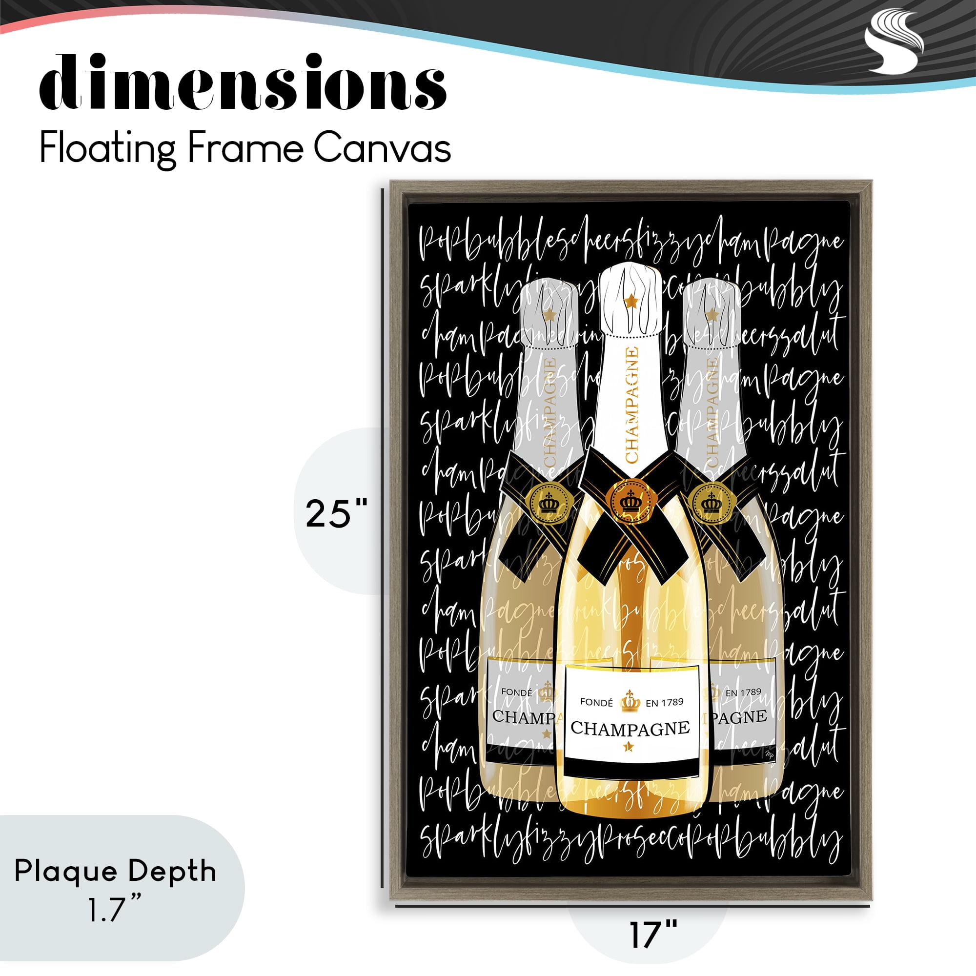 Stupell Industries Triple Champagne Bottle Love Brown Framed Floater Canvas Wall Art, design by Martina Pavlova