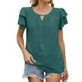 thumbnail image 2 of Fanxing Womens Summer Chiffon Tops Ruffled Short Sleeve T Shirts with Keyhole Basic Solid Color Tees Shirt Green,L, 2 of 8