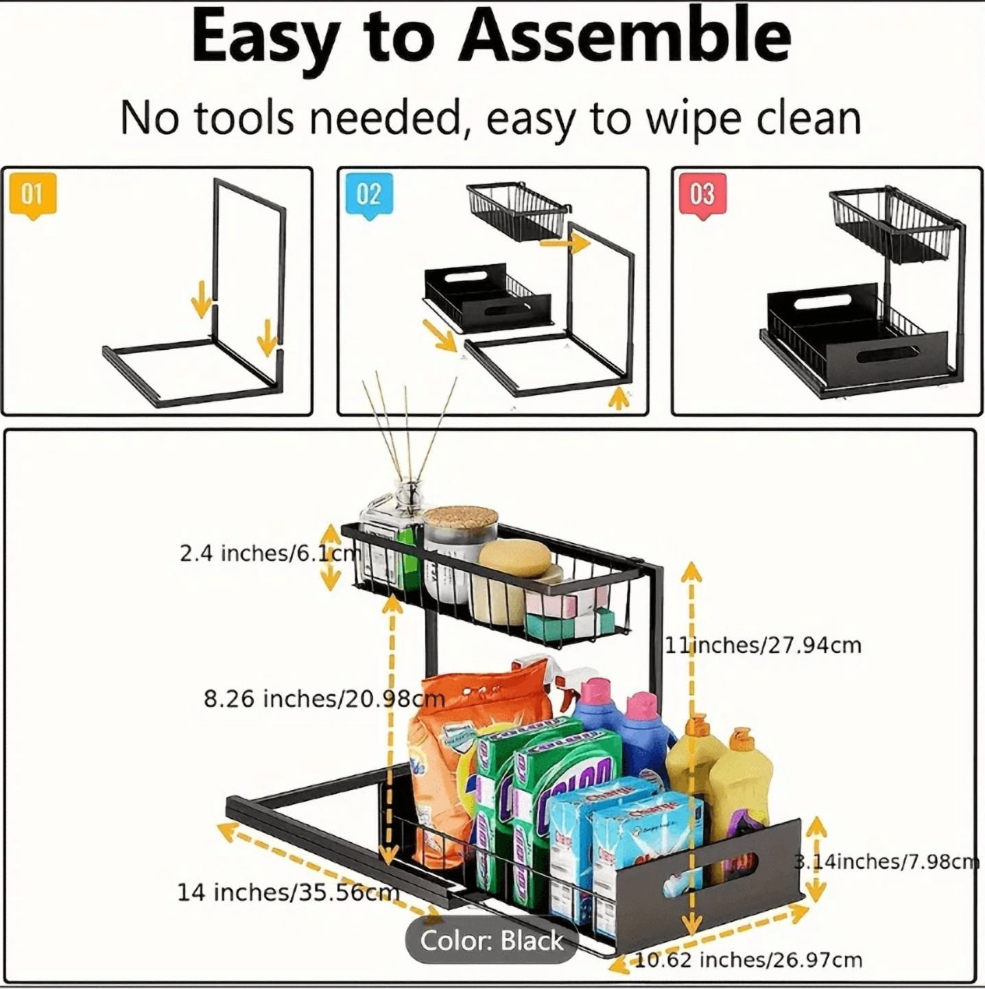 Under Sink Organizers Storage, 2 Tier Under Cabinet Organizer Shelf, Pull Out Kitchen Bathroom Sink Organizer Storage Organization, 2 Pack