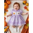 thumbnail image 4 of RUINIXCW Toddler Baby Girl Halloween Dress Outfit Infant Baby Girl Summer Fall Plaid Gingham Dress Outfit Pumpkin Ghost Bat Embroidery Puff Short Sleeve Doll Collar Holiday Dress, 4 of 9