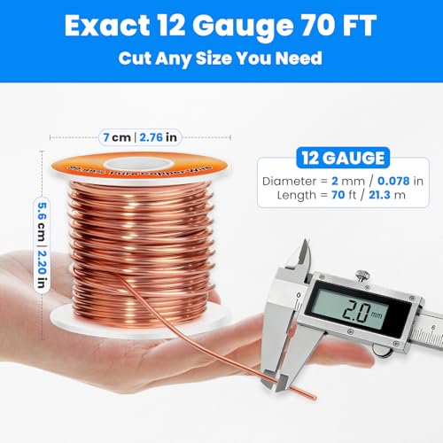 12 Gauge 99.99% Solid Bare Copper Wire, 70 FT Sturdy & Flexible Dead Soft, 1.32 LBS Spool Pure Copper Wire for Making, Electroculture Gardening, Powder Coating.. Easy to Bend & Cut