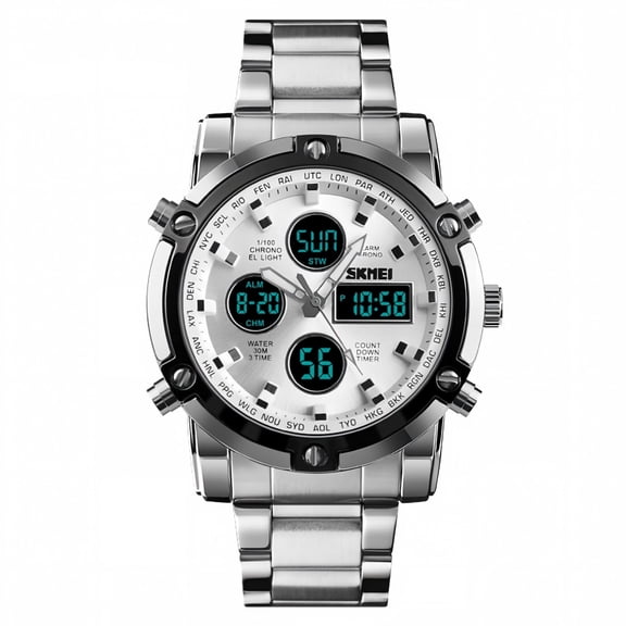Men's Dual Display Analog Digital Watch, Silver Stainless Steel 30M Waterproof Sports Watch