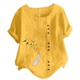 thumbnail image 1 of Birdeem Haut en Coton et Lin pour Femmes à Manches Courtes, Décontracté, Grande Taille, Col Rond, Imprimé Plume, Ample, à Boutons, 1 of 1