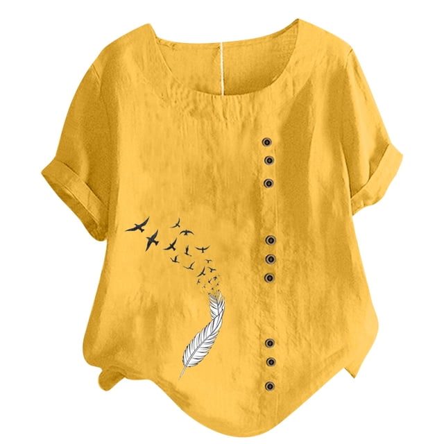 Birdeem Haut en Coton et Lin pour Femmes à Manches Courtes, Décontracté, Grande Taille, Col Rond, Imprimé Plume, Ample, à Boutons