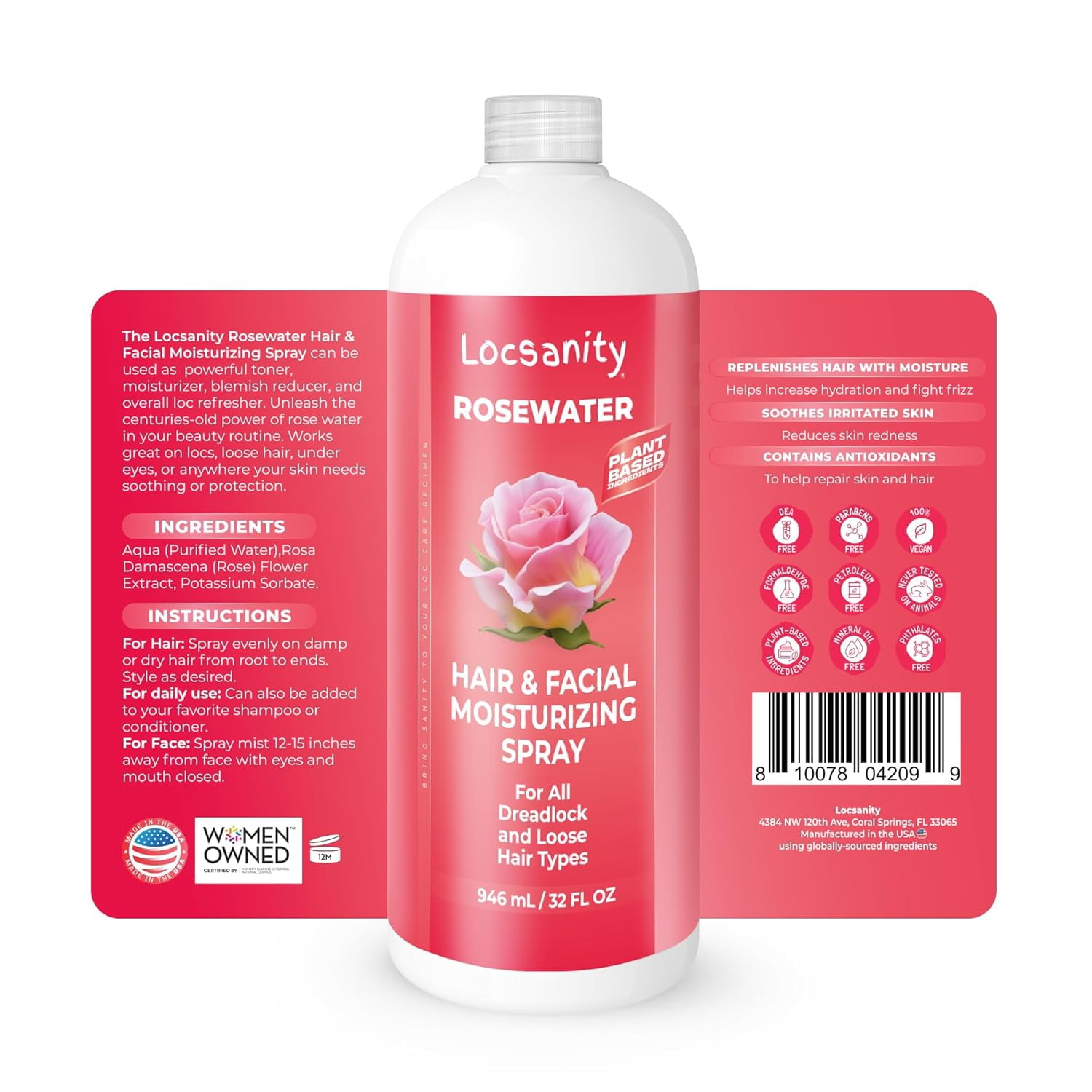 Locsanity Pure Rosewater Hair and Facial Spray – Jumbo Size Hydrating Face Mist to Soothe, Refresh, and Rejuvenate Skin, Reduce Oil and Buildup (32oz)