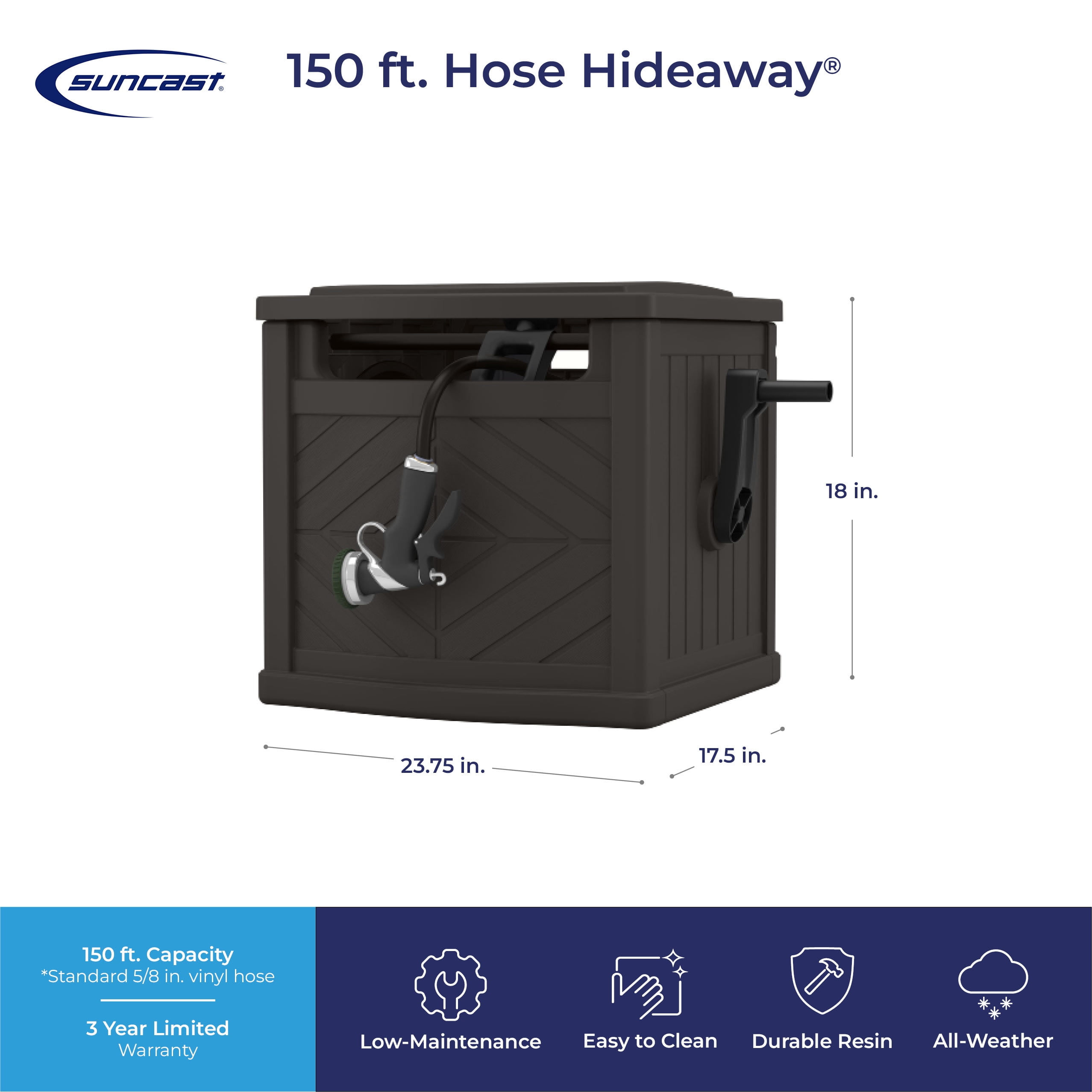 Suncast 150 ft. Slide Trak Hose Hideaway for 5/8" Hoses, Crank Handle for Easy Winding, Weather-Resistant Durable Resin Construction