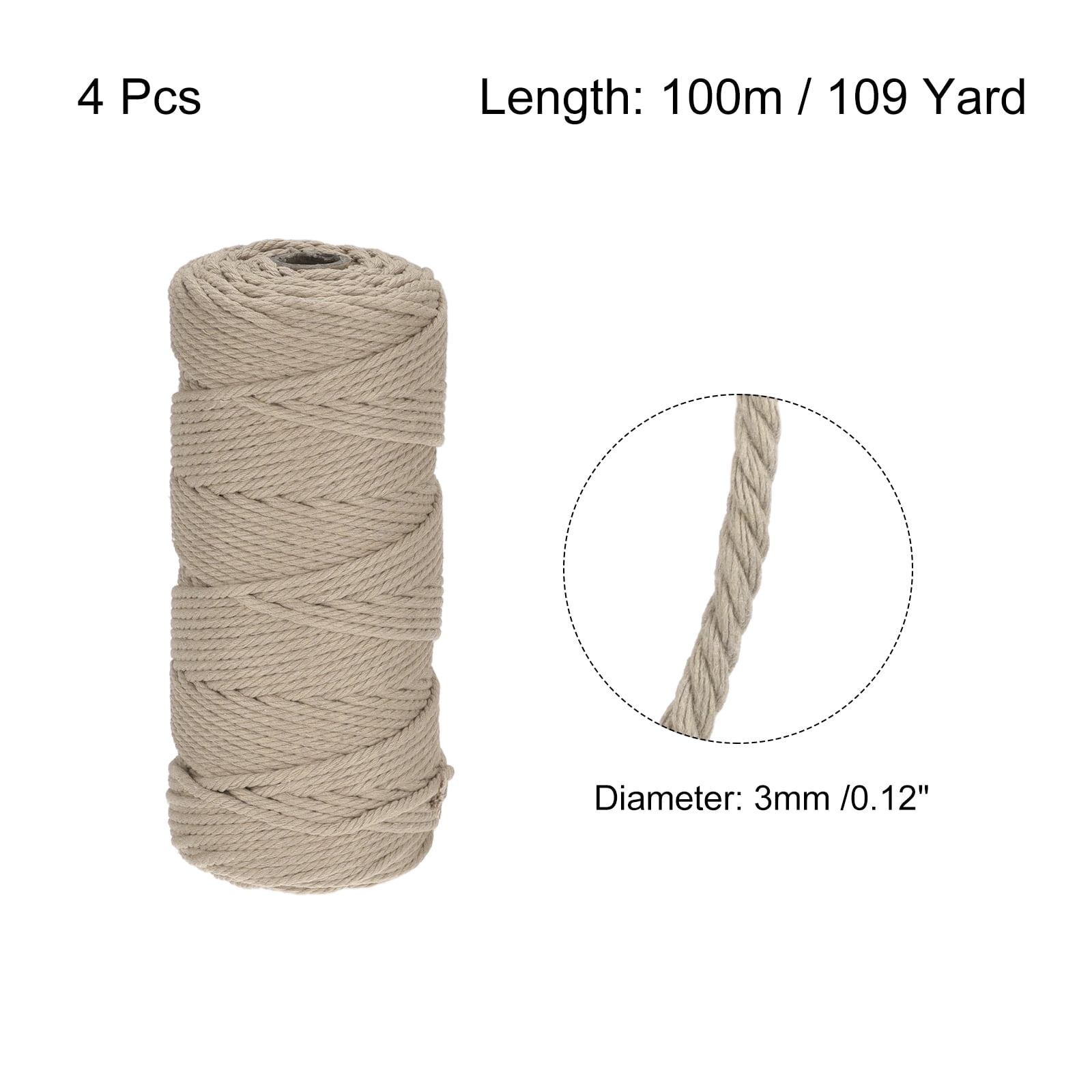 4 Pcs Cotton Rope 4 Strand Twisted Braided Rope Cord, Milky Gray 100m/109 Yard 3mm Dia for Wall Hanging Plant Hanger