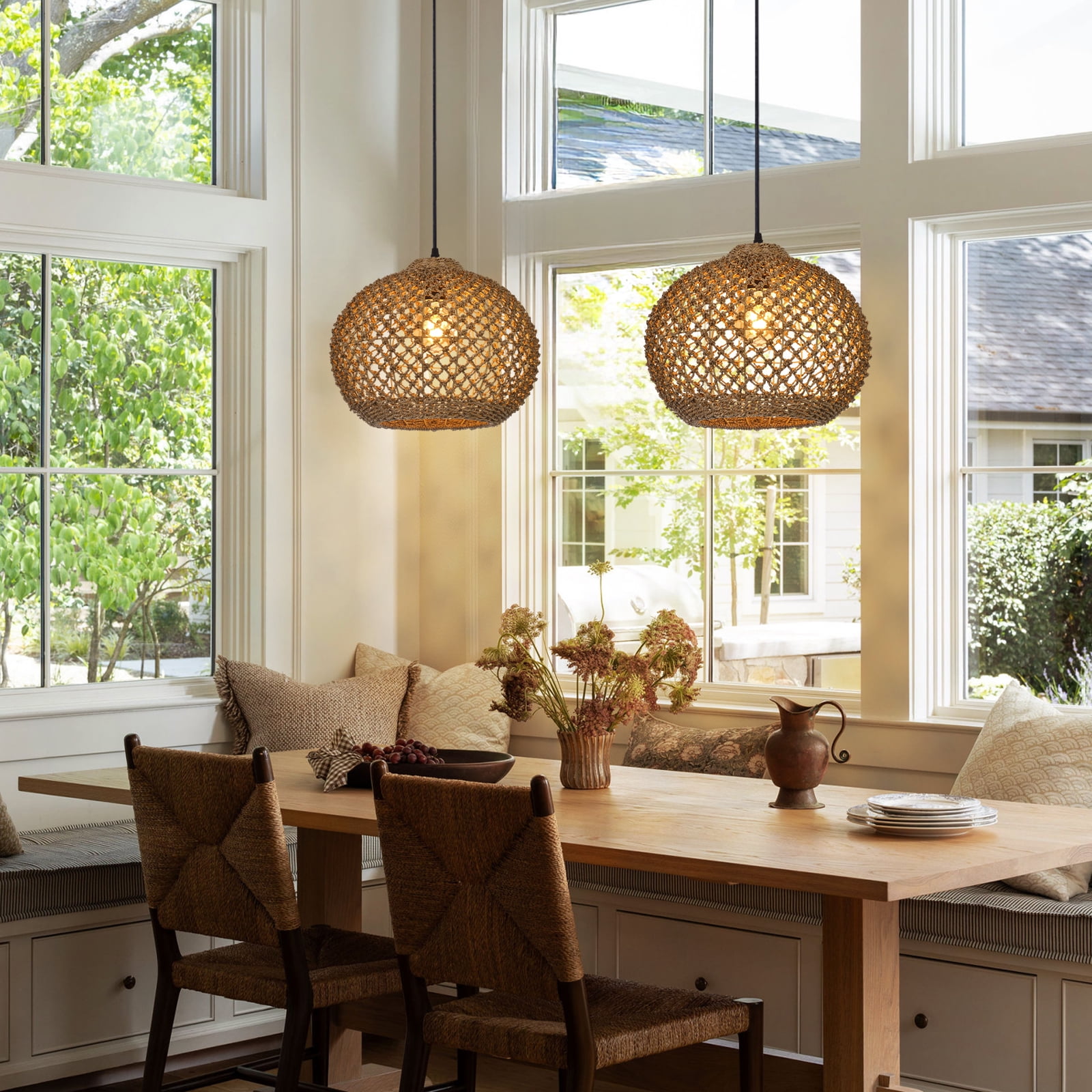 LittleGlovo Boho Rattan Pendant Light With 3-Light Hand Woven Wicker Design, Natural Seagrass Chandelier For Dining Room, Living Room, Bedroom, Kitchen, And Farmhouse Decor