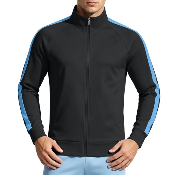 USNSM (M-5XL) Big and Tall Men's Full Zip Athletic Jacket Mock Neck Color Block Long Sleeve Fall Jackets With Pockets for Hiking Blue XXL