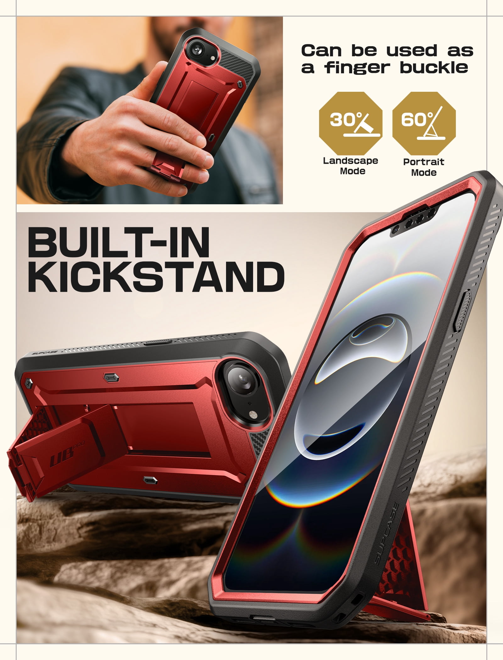 SUPCASE for iPhone 16e Case with Screen Protector (Unicorn Beetle Pro), [Built-in Stand & Belt-Clip] [Military-Grade Protection] Full Body Phone Case for iPhone 16e 6.1'' 2025, Ruddy
