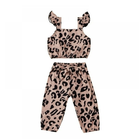 

Hot Selling Cute Leopard Print Sling Two Piece Set Baby Crop Tops + Pants Outfits Set