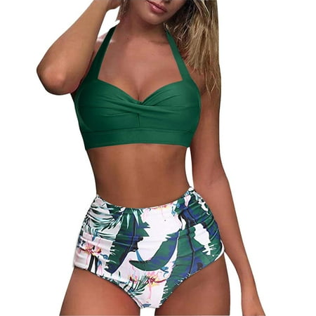Women Two Piece Vintage Swimsuit Retro Halter Ruched High Waist Bikini with Bottom Tummy Control Bathing Suit Swimwear Beachwear