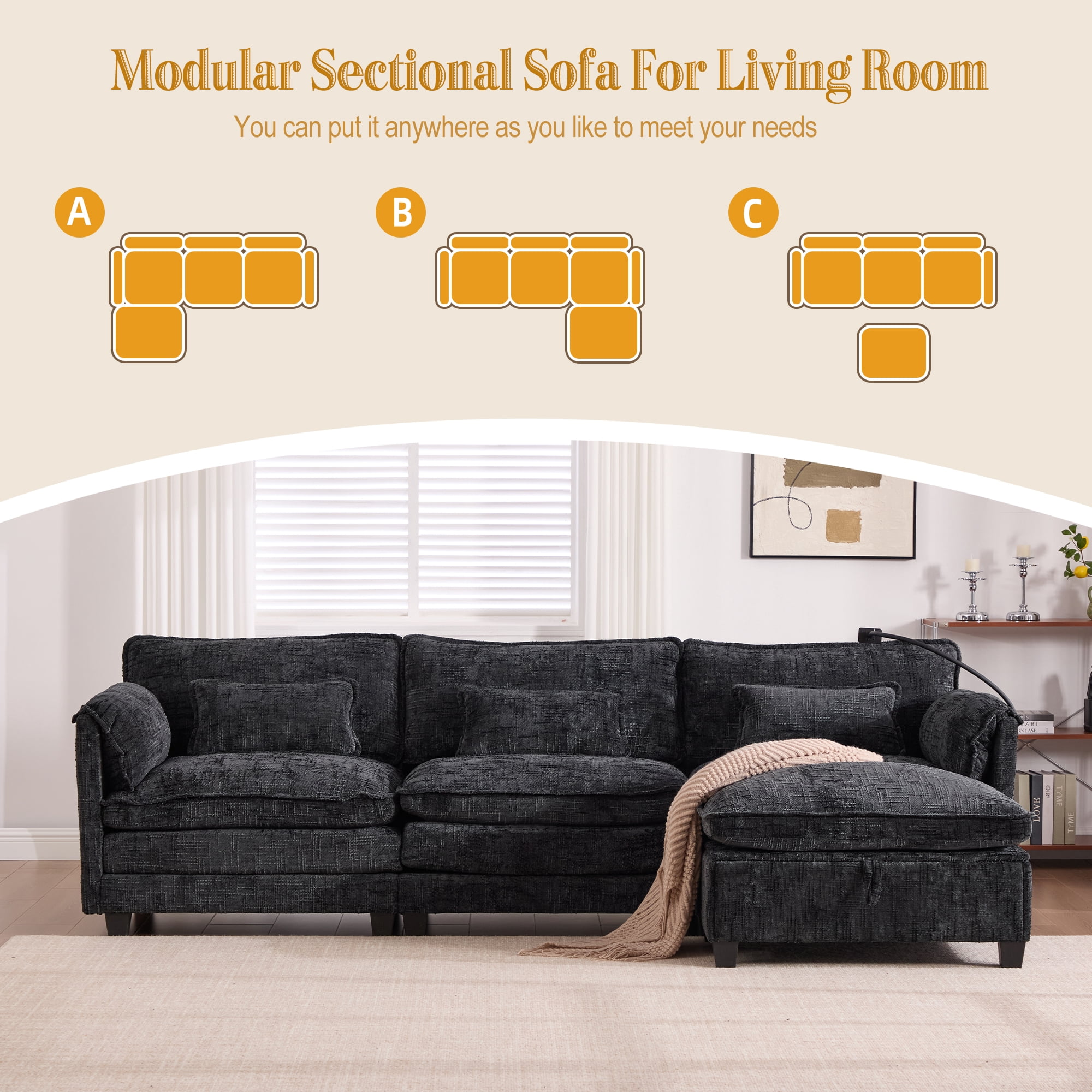 MOONMISS Chenille Upholstered L-shaped Modular Sectional Sleeper Sofa with Movable Storage Ottoman,USB&TYPE-C-Black