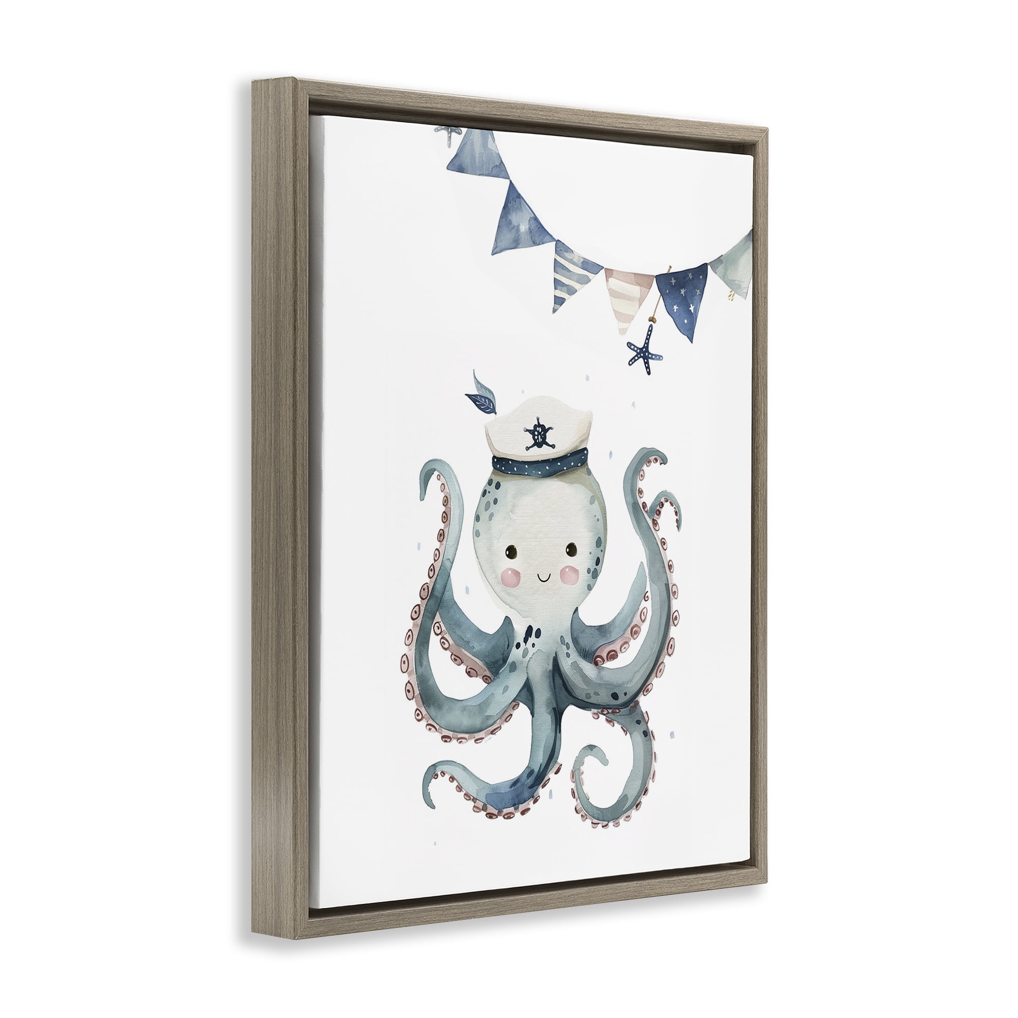 Stupell Industries Cute Octopus Sailor Animals Painting Brown Floater Framed Canvas Art Print Wall Art, 17 x 21