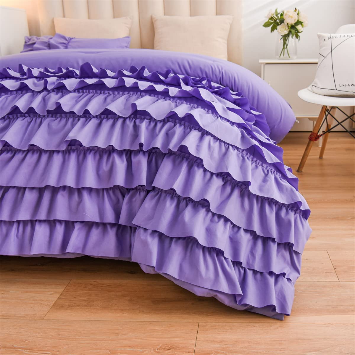 NTBED Purple Ruffle Comforter Set Twin Size Multi-Layers Ruffled Shabby Chic Bedding Set for Girls Women