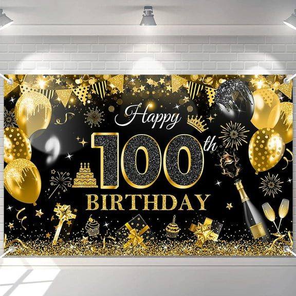 Happy 100th Birthday Banner for Men Black and Gold Glitter Balloon 100 Birthday Party Backdrop 100 Year Old Bday Photography Background Party Supplies