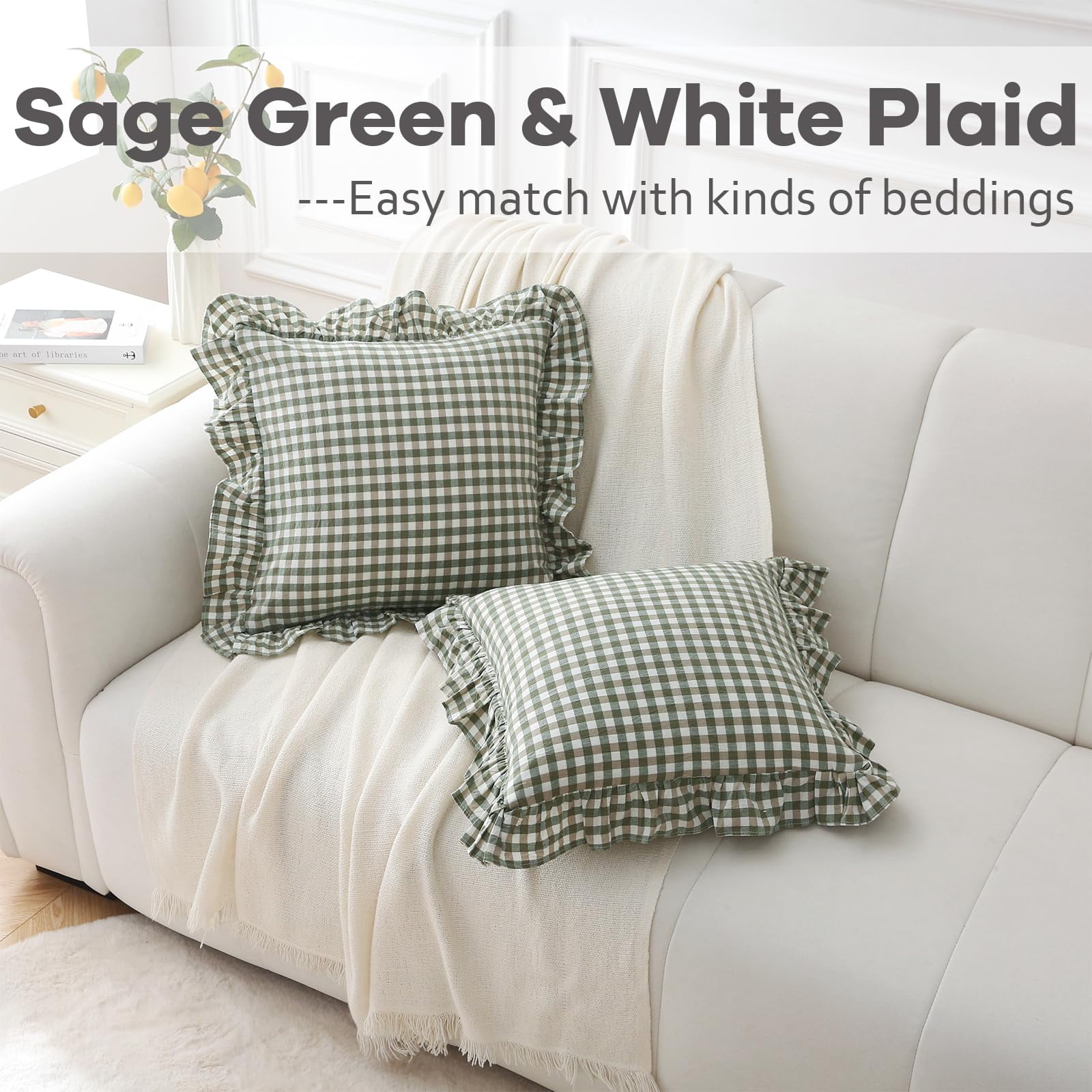 2 Pack Sage Green Plaid Ruffle Gingham Throw Pillow Covers, 100% Washed Cotton Checkered Farmhouse Decorative Pillow Shams for Bed/Sofa - 18''x18''