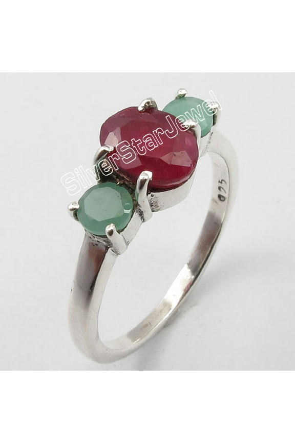 .925 Pure Silver Sparkling Emerald & Ruby Cut Stones Nice 4 Prong Ring Size 7