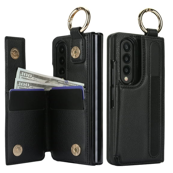 Dteck for Samsung Galaxy Z Fold 4 Case Wallet with S-Pen Holder & Metal Ring, 4-Card Slots and Cash Slots, Premium Leather Magnetic Clasp Heavy Duty Protective Cover for Galaxy Z Fold4 5G,Black