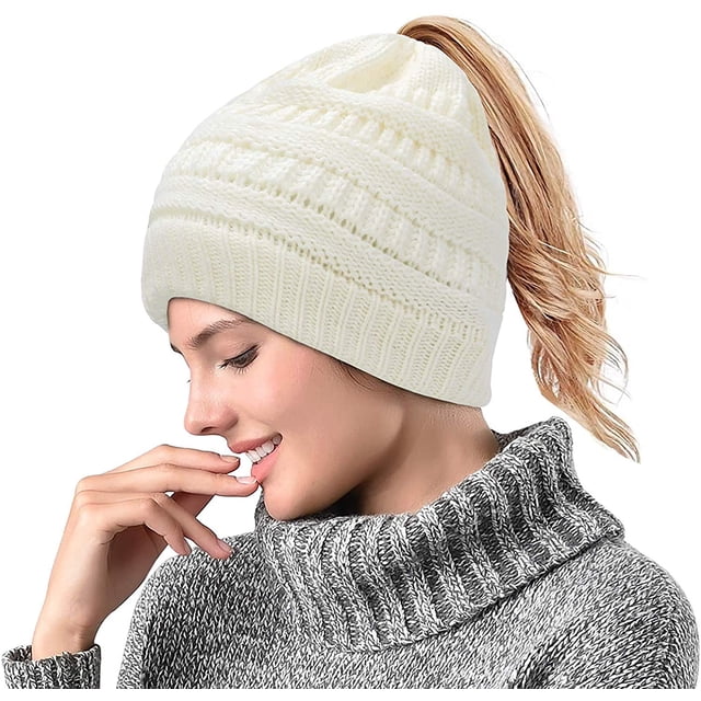 Desiderio Damen M?dchen Gestrickt Verdicken Hut mit Z?pfen Loch Loop Strickschal Strickmütze Wintermütze