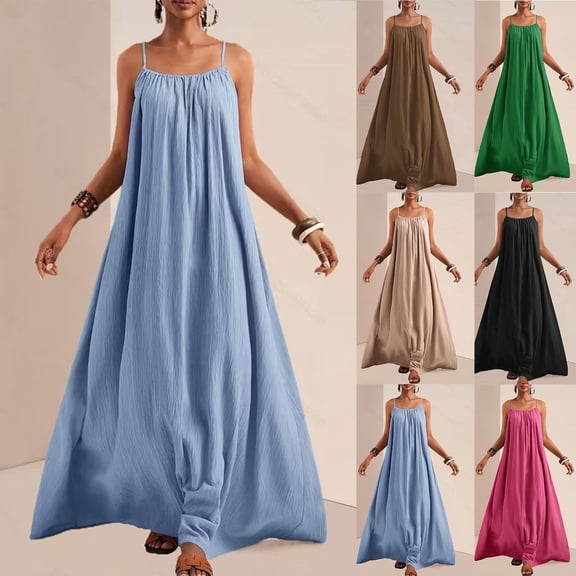 FRSASU Backless Cami Dresses for Women Sleeveless Solid Color Lounge Dress Spaghetti Strap Flowy Summer Loose Maxi Sundress Sky Blue