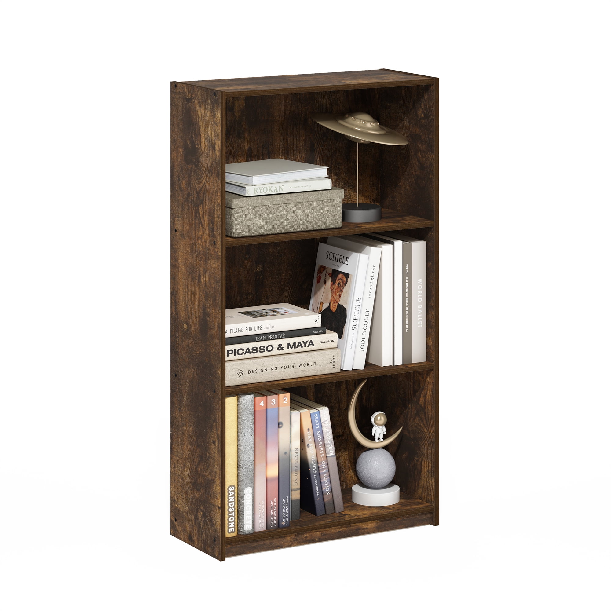 Furinno BASIC Book Shelf, 3-Tier Modern Bookshelf, Bookcase with Open Shelves, 9.3 x 21.8 x 39.5, for Living Room, Bedroom, Home Office, Amber Oak