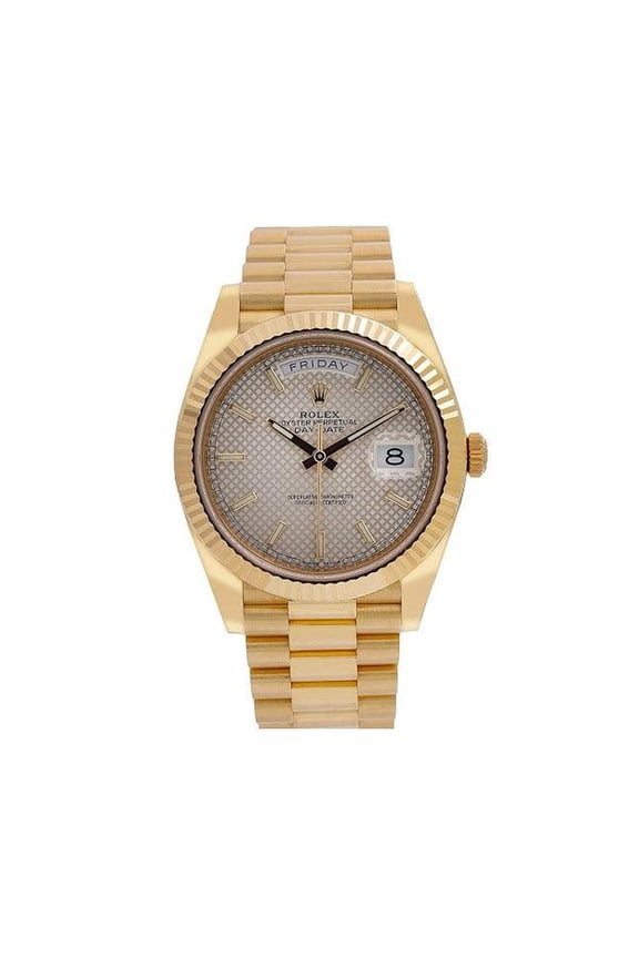Pre-Owned Rolex Day-Date 40MM 228238 Silver Diagonal Motif Dial Fluted Bezel 18K Yellow Gold President Bracelet