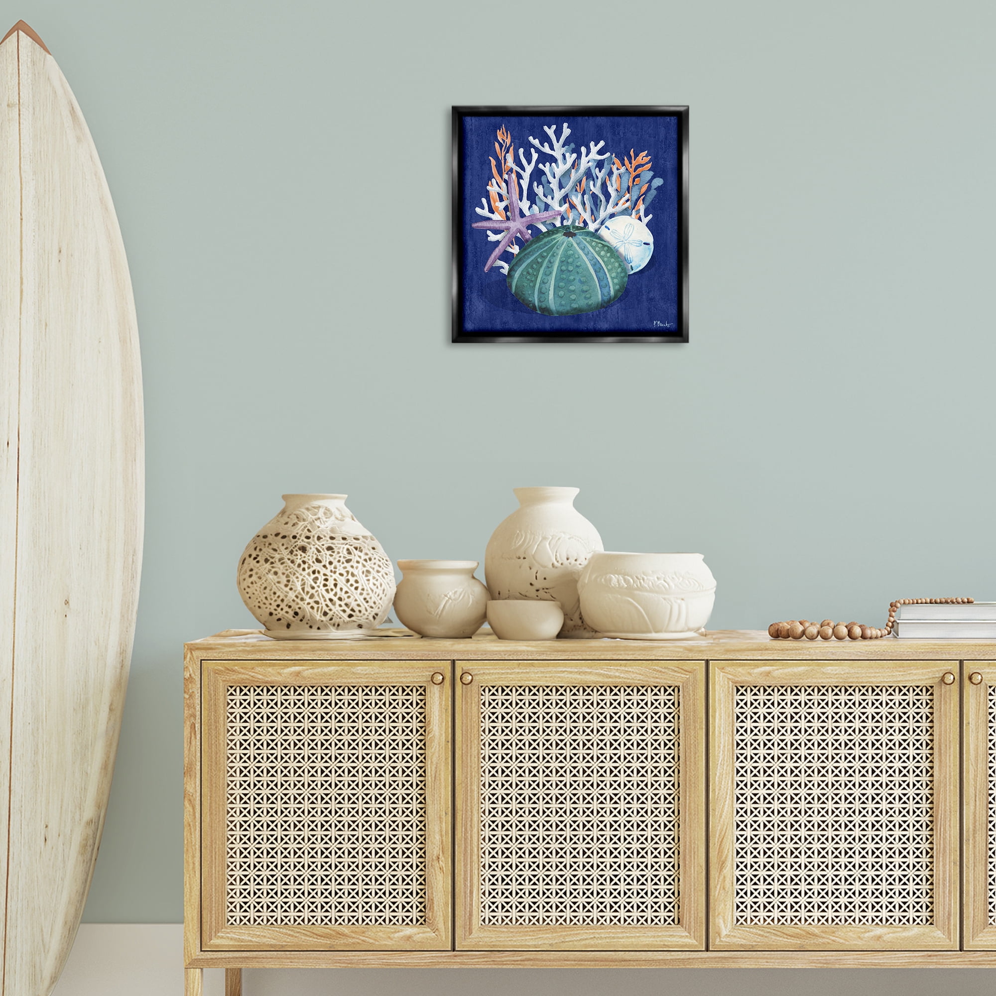 Stupell Industries Monterey Urchin & Coral Coastal Painting Black Floater Framed Canvas Art Print Wall Art, 18 x 18