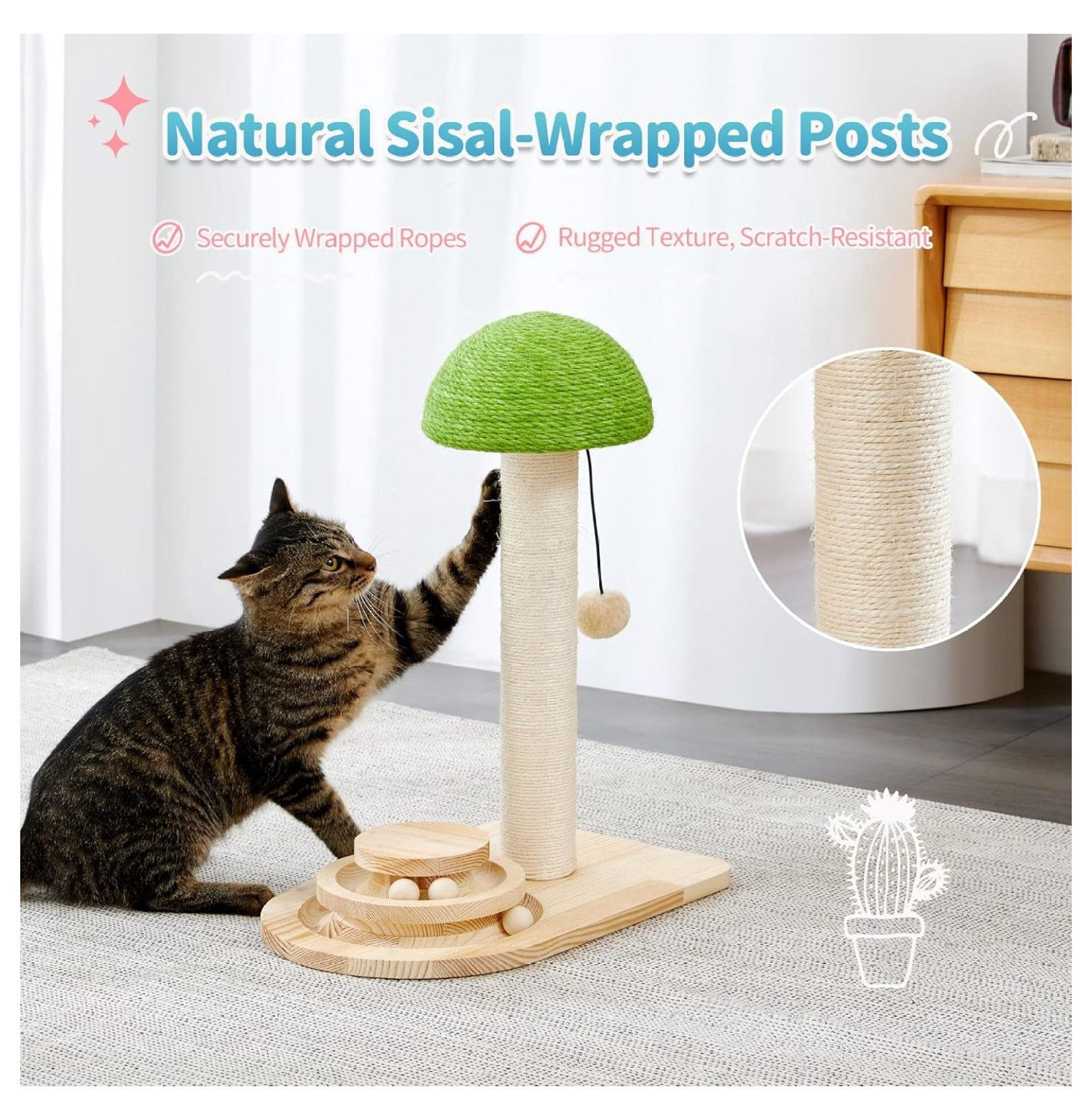 Cat Scratching Post Mushroom, Sisal Scratcher with Ball Toy - 20 Inch Kitten Scratcher for Indoor Cats - Interactive Wood Cat Tree Activity Center Green