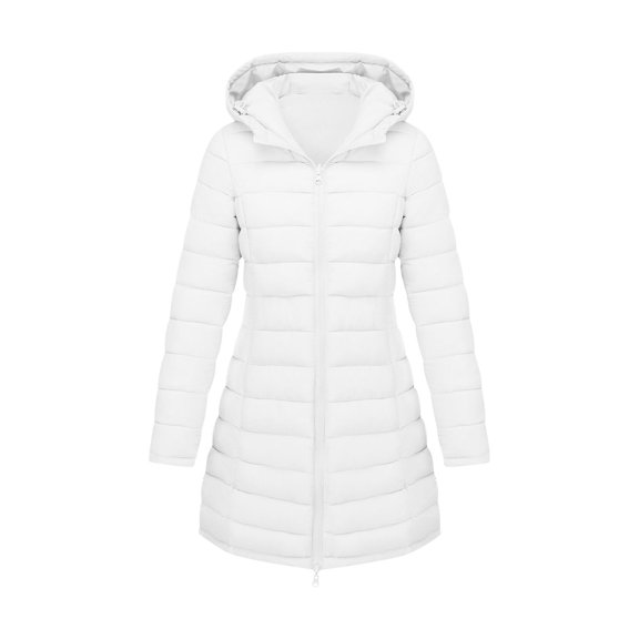 Wensltd Quilted Jacket for Women Hooded Long Sleeve Zip Up Cotton Coat Mid Length Winter Trendy Outdoor Jacket