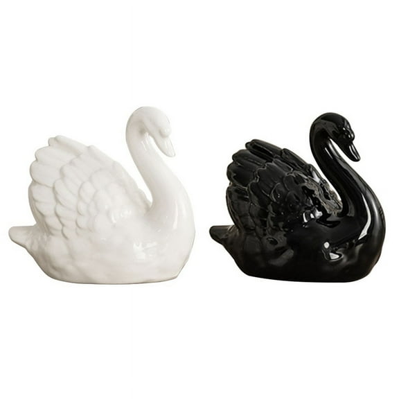 2 Pieces White Black-Swan Sculpture Decor, Elegant Ceramic Swan Couple Figurine Statue for Home Office Decor