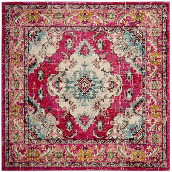 SAFAVIEH Square Rug 4' - Monaco Collection - Traditional Design, Pink & Multi, Ideal for Living Room, Bedroom, Dining Space