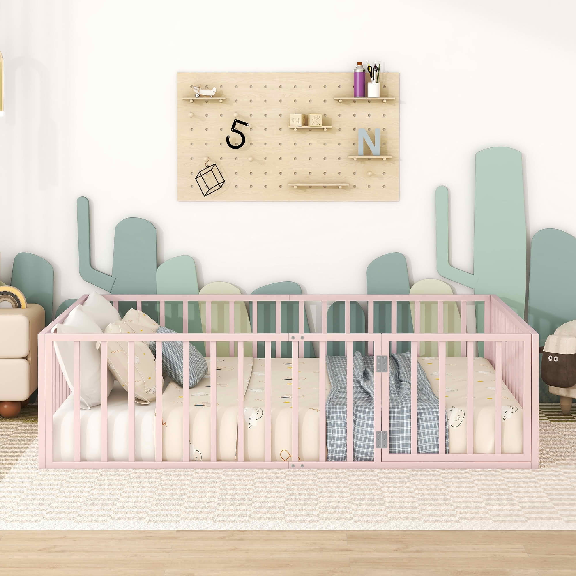 MAYEERTY Metal Floor Bed Frame with Fence and Openable Door Kids Play and Sleep Space