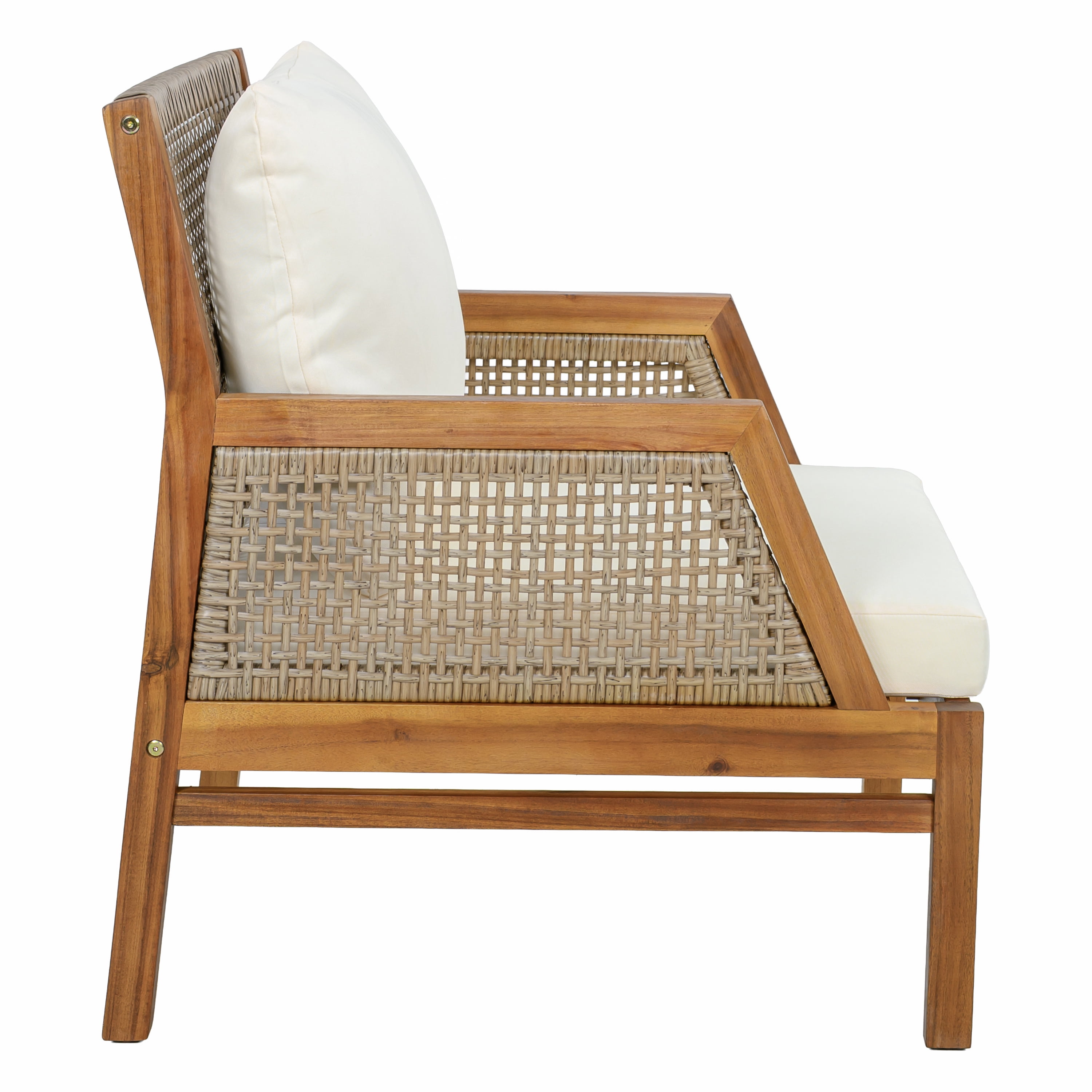 Outdoor Patio Club Chair with Acacia Wood and Hand-Woven Flat Wicker, Deep Seating Armchair and Garden Chair with Soft Cushions for Backyard Balcony, Teak and Cream