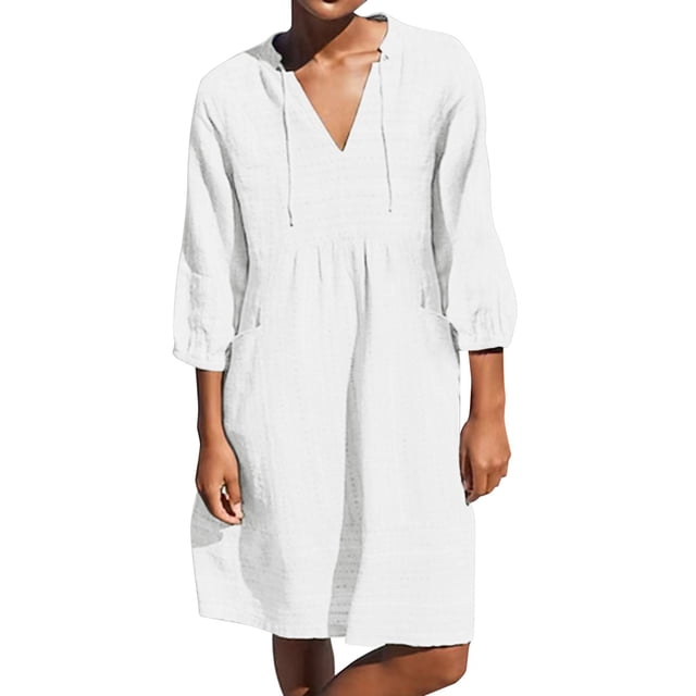 Vestido sexy de encaje con mangas 3/4 para mujer: corte holgado, diseño con cordones y aberturas, top informal de color liso, material de poliéster, para todas las estaciones